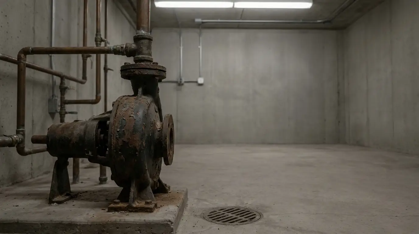 Rusty old pump in an industrial basement corner with concrete walls and exposed pipes