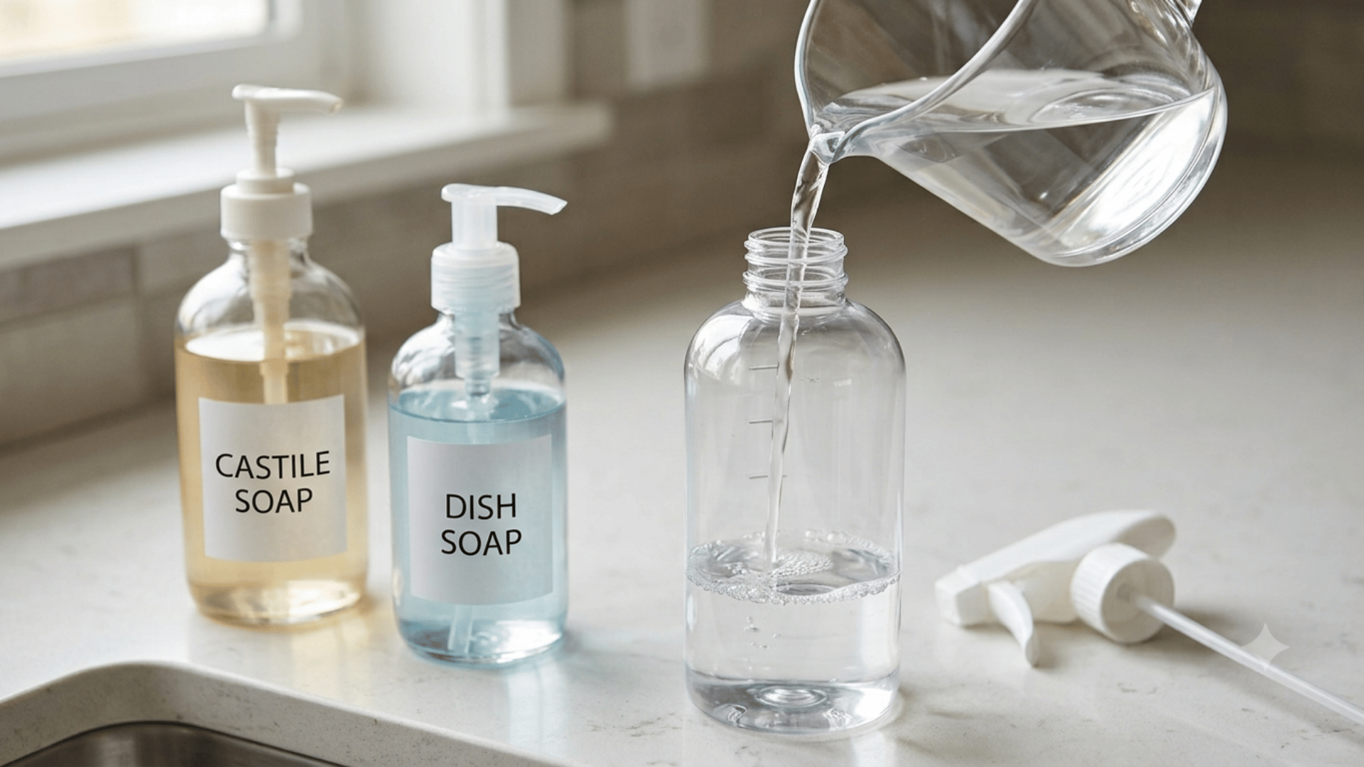 Water being poured into a spray bottle with soap containers nearby.