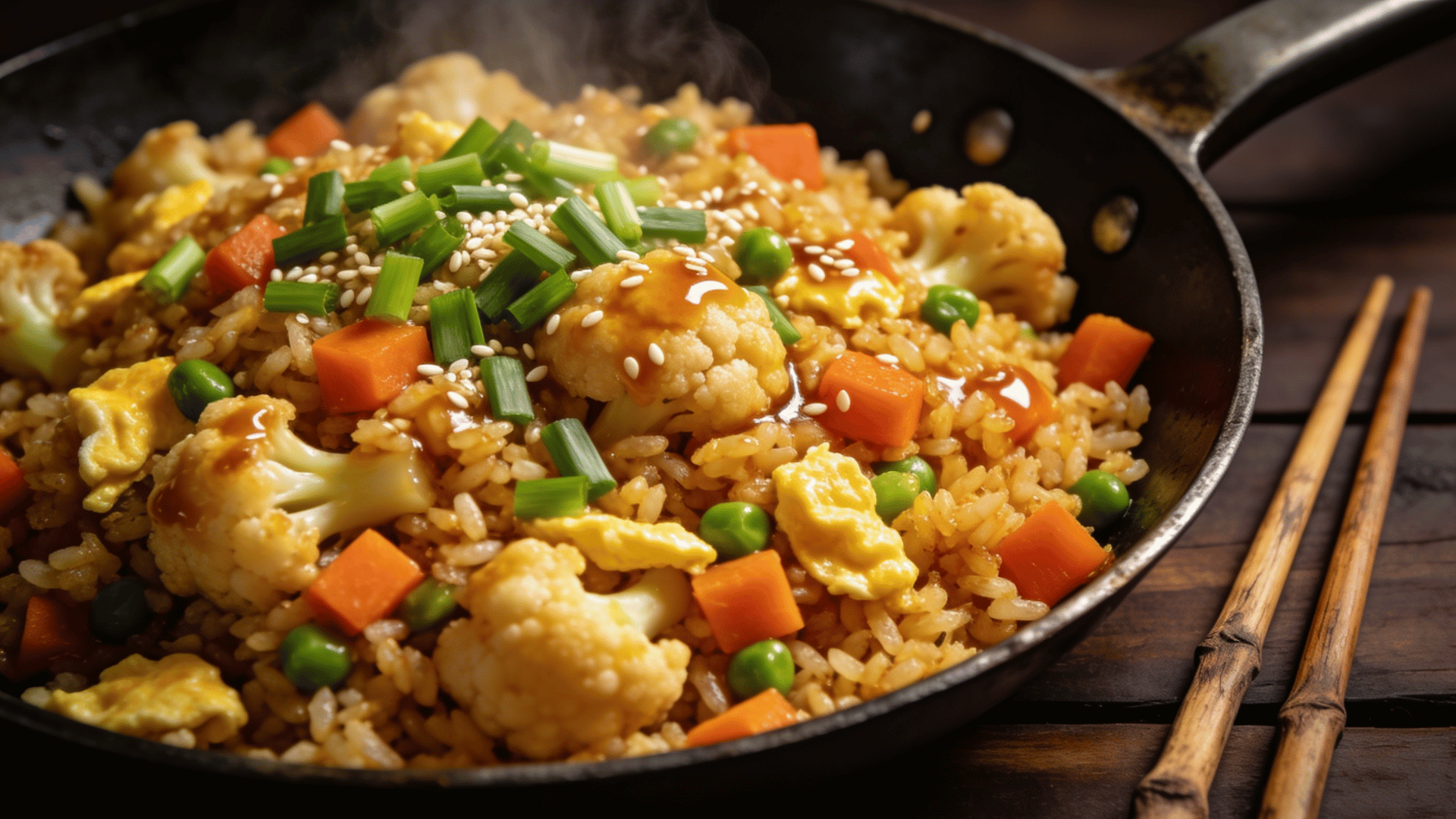 cauliflower fried rice with carrots, peas, scrambled eggs, sesame seeds, and green onions served in a hot skillet with chopsticks