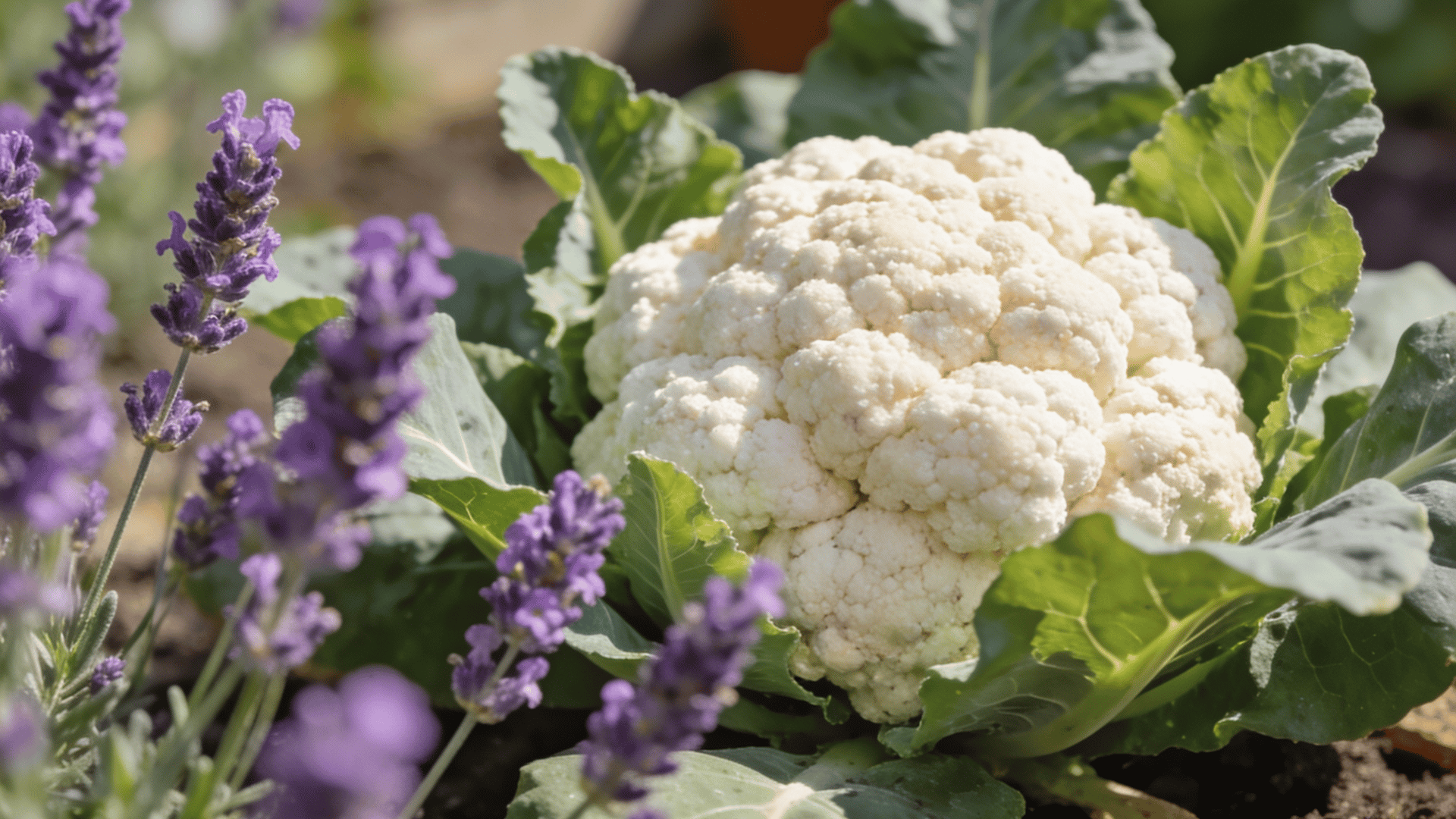 Cauliflower plants growing near lavender in a structured vegetable garden bed.