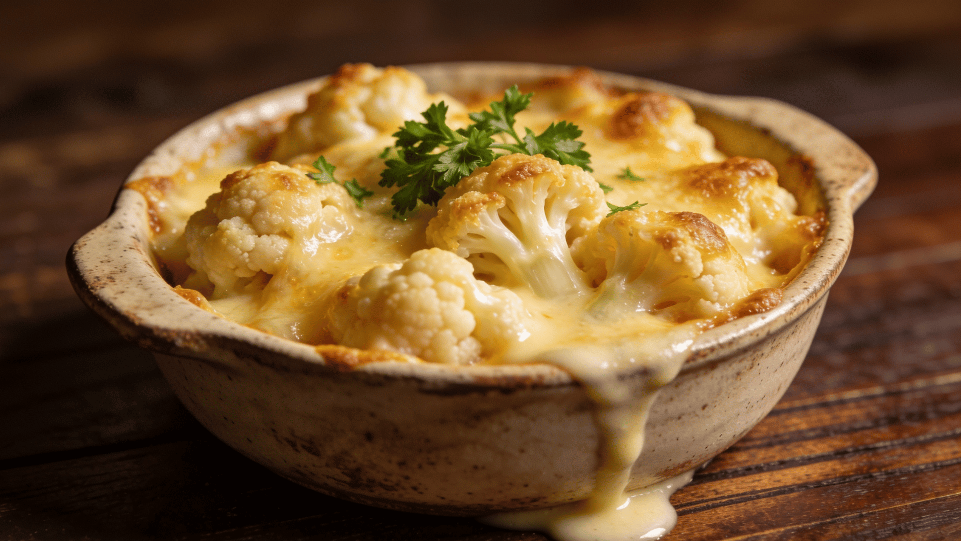 cheesy cauliflower gratin baked until golden and bubbly with fresh parsley garnish