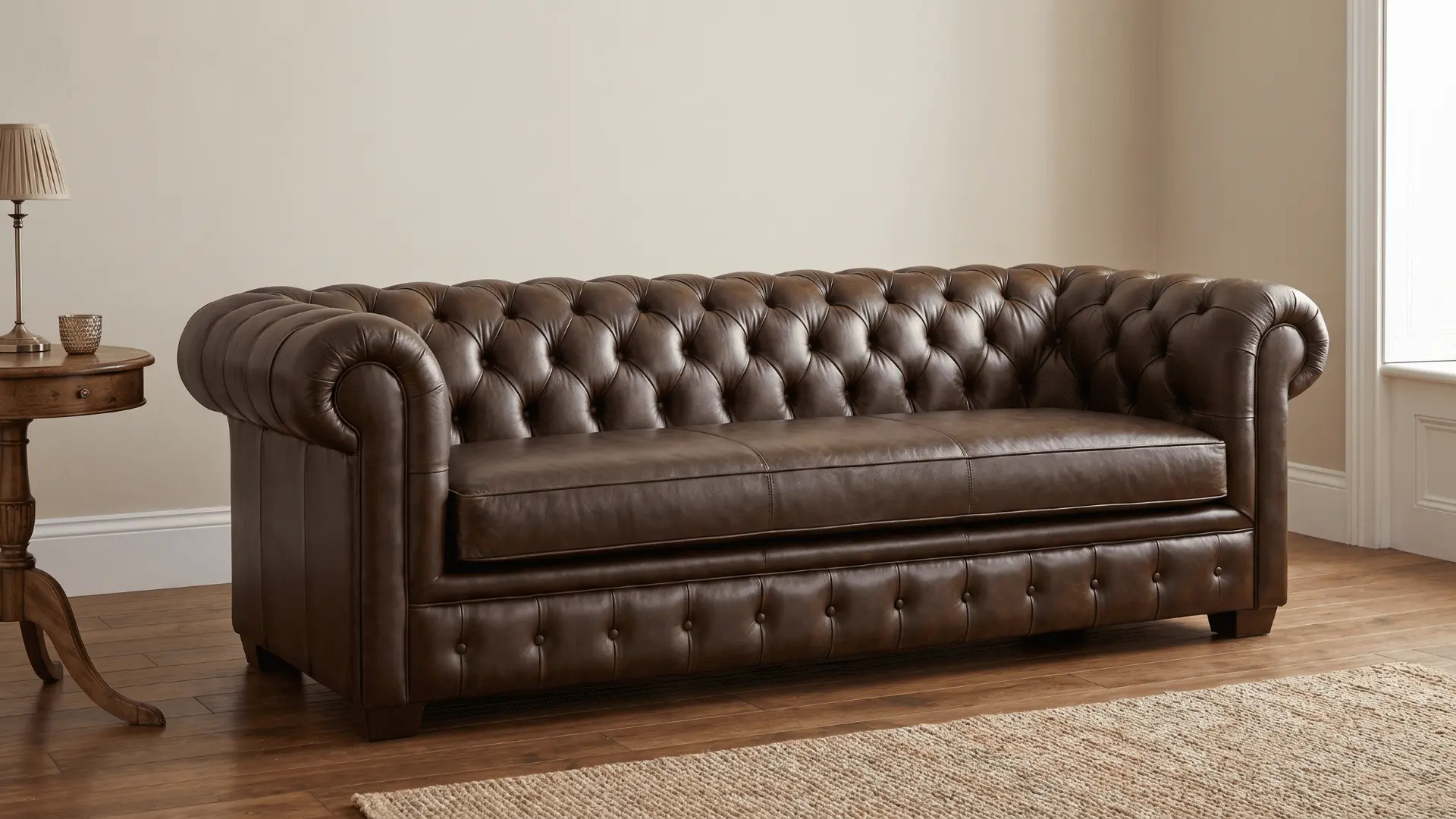Chesterfield sofa with matching tufted back and rolled arms forming one continuous structure