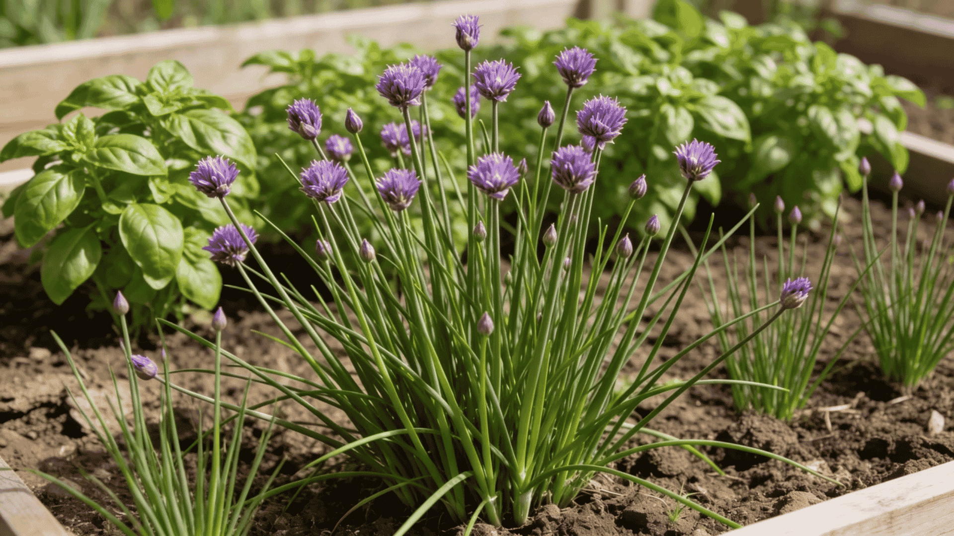 Chive plant with purple flowers growing in a raised wooden garden bed with basil plants in the background.