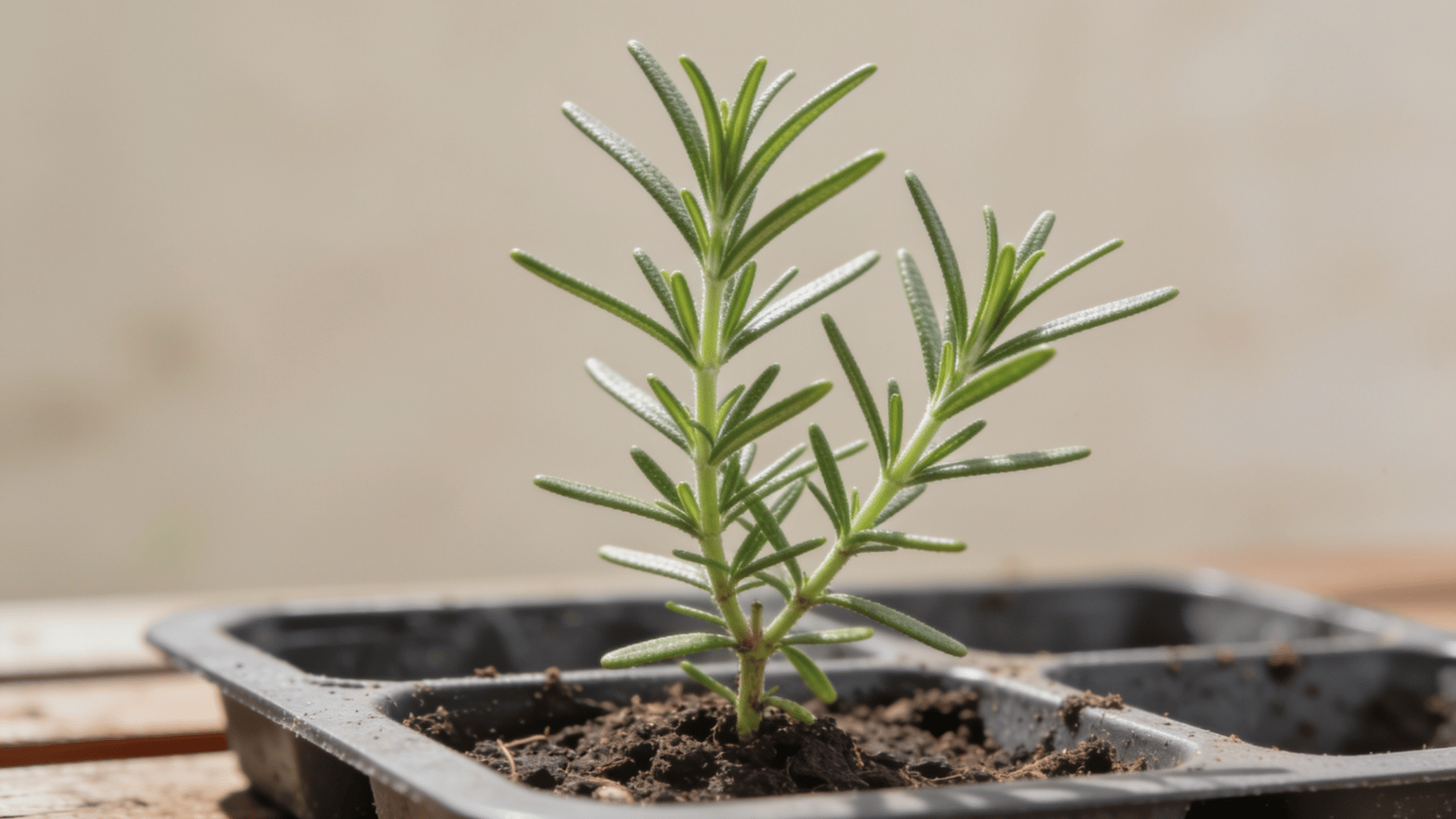 Young rosemary seedling growing in soil in a nursery tray indoors with soft blurred background.