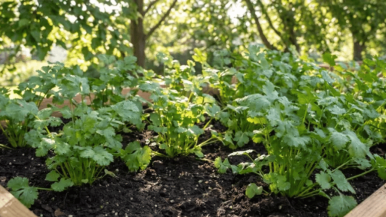 Cilantro growing in a garden bed and container with green leaves under sunlight