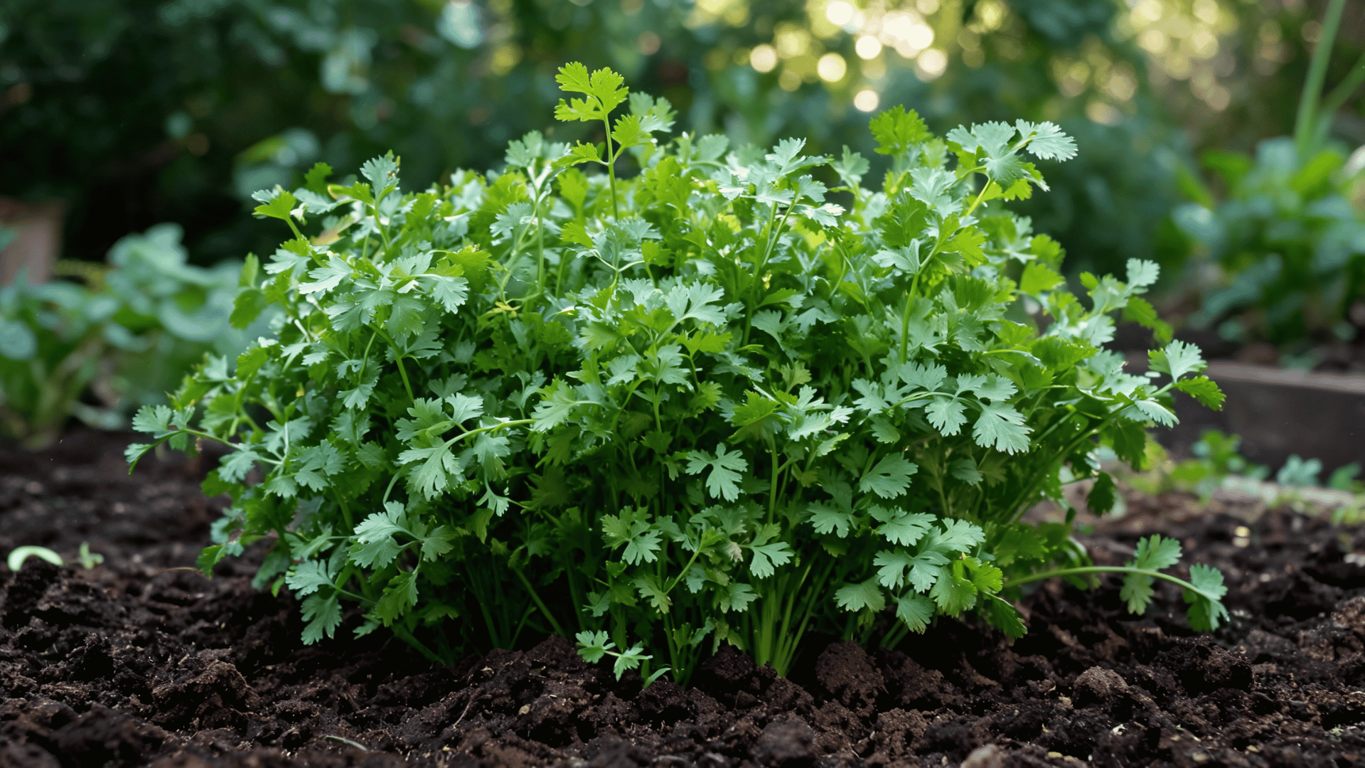 Cilantro plant with bright green leaves and thin stems growing in garden soil.