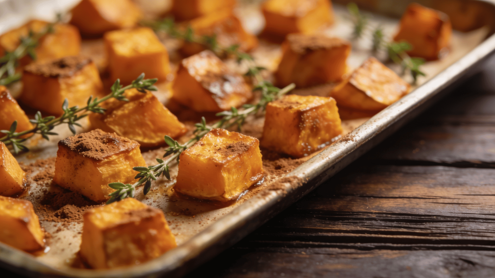 cinnamon roasted sweet potatoes with fresh thyme, lightly caramelized and served on a baking tray with a warm cinnamon coating