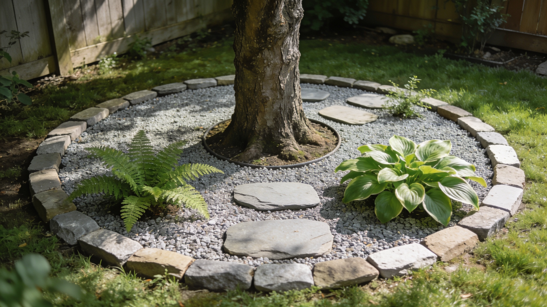 circular gravel garden around tree with stepping stones, ferns and hosta plants, stone border