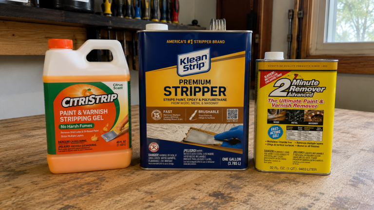citristrip, klean strip, and sunnyside 2 minute remover paint strippers on wooden workbench