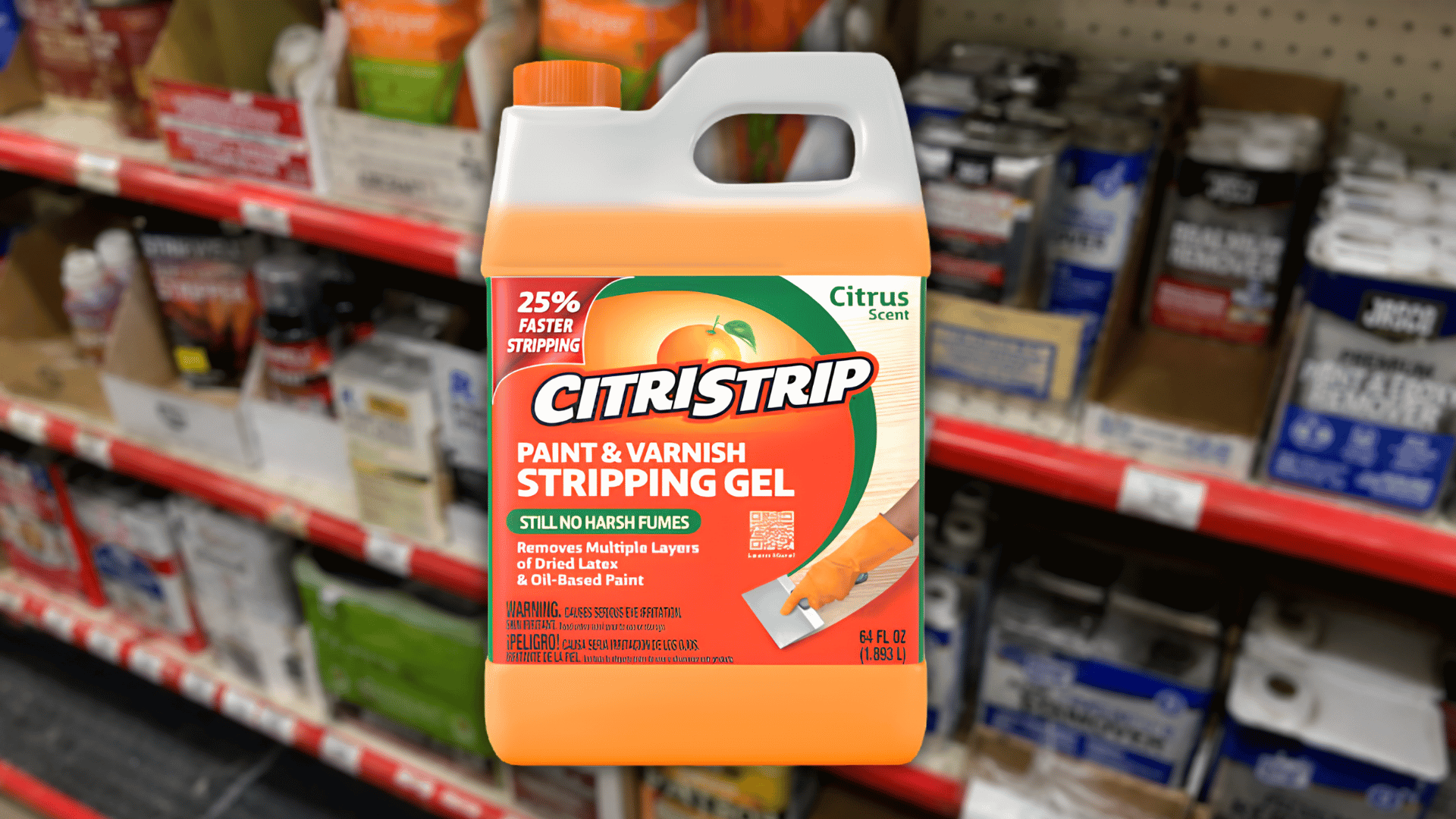 citristrip paint & varnish stripping gel jug, 64 fl oz, on blurred hardware store shelf background