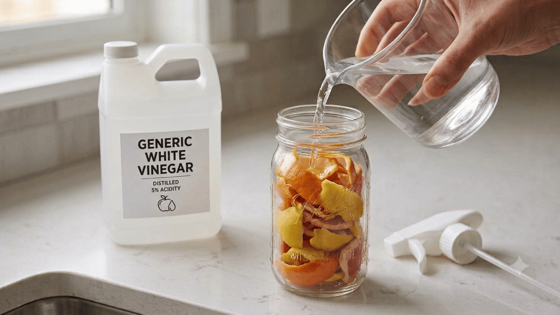 Citrus peels inside a jar being covered with vinegar.