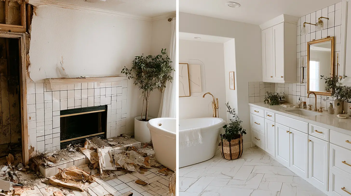 Contrasting bathroom transformation with damaged tiles and debris to modern white design with gold fixtures