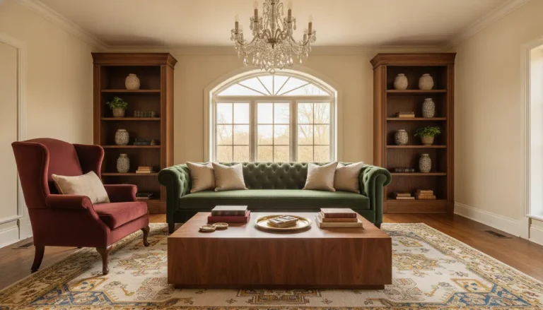 Elegant living room with green tufted sofa, red armchair, wooden bookshelves, and crystal chandelier
