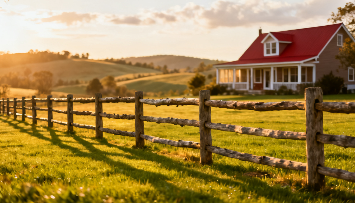 classic split rail fence stretching across a green countryside lawn with a farmhouse and rolling hills at sunset