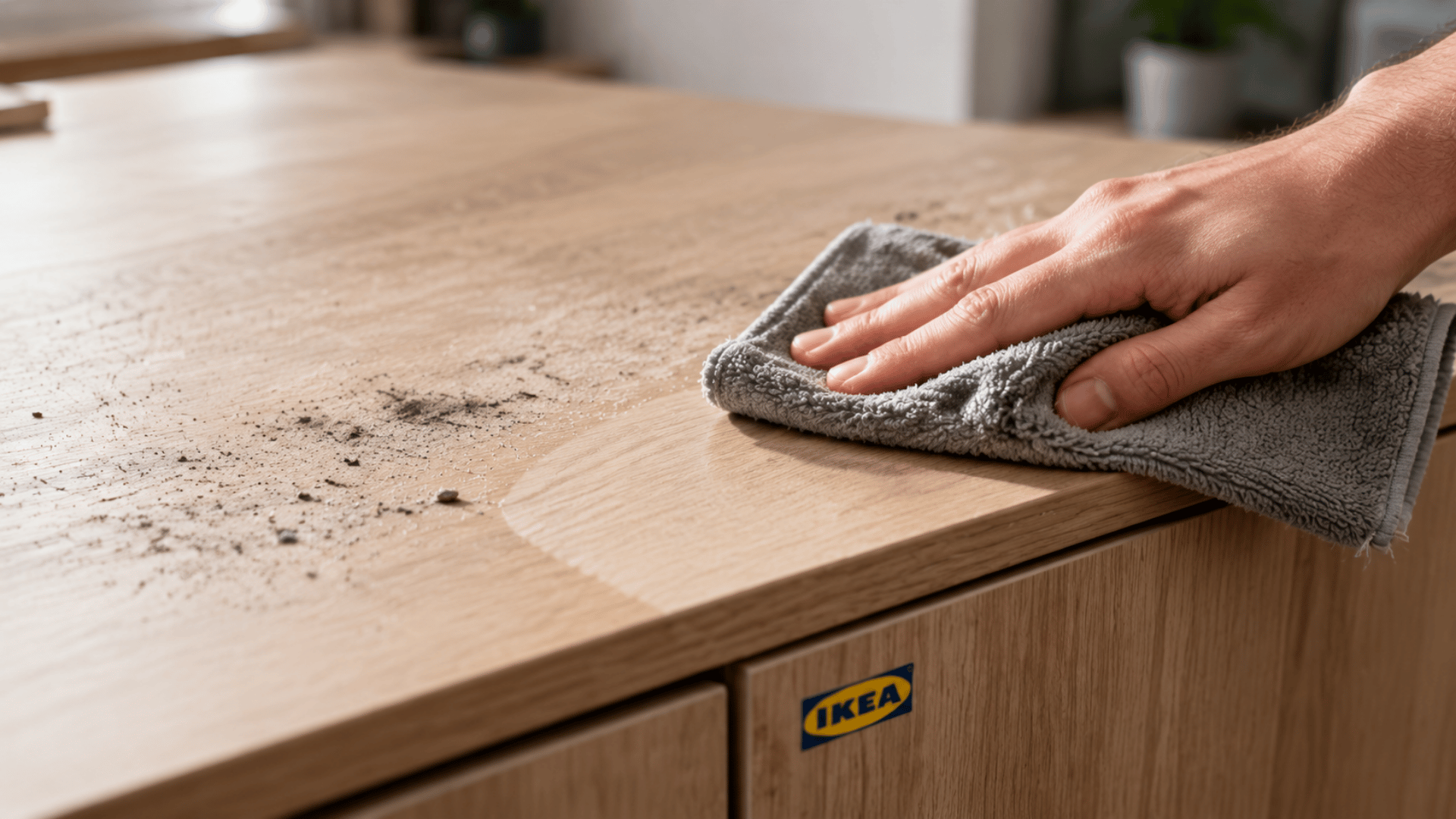 Hands wiping IKEA furniture with a cloth to remove dust and prep the surface before painting.