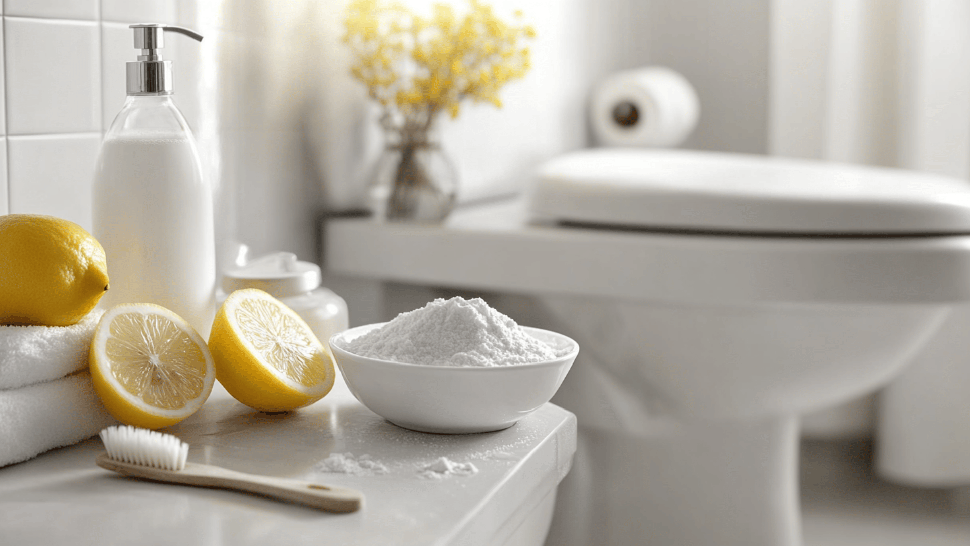 clean bathroom toilet bowl with homemade cleaning items nearby, baking soda in a small bowl, white vinegar bottle, lemon halves, toilet brush, bright bathroom setting