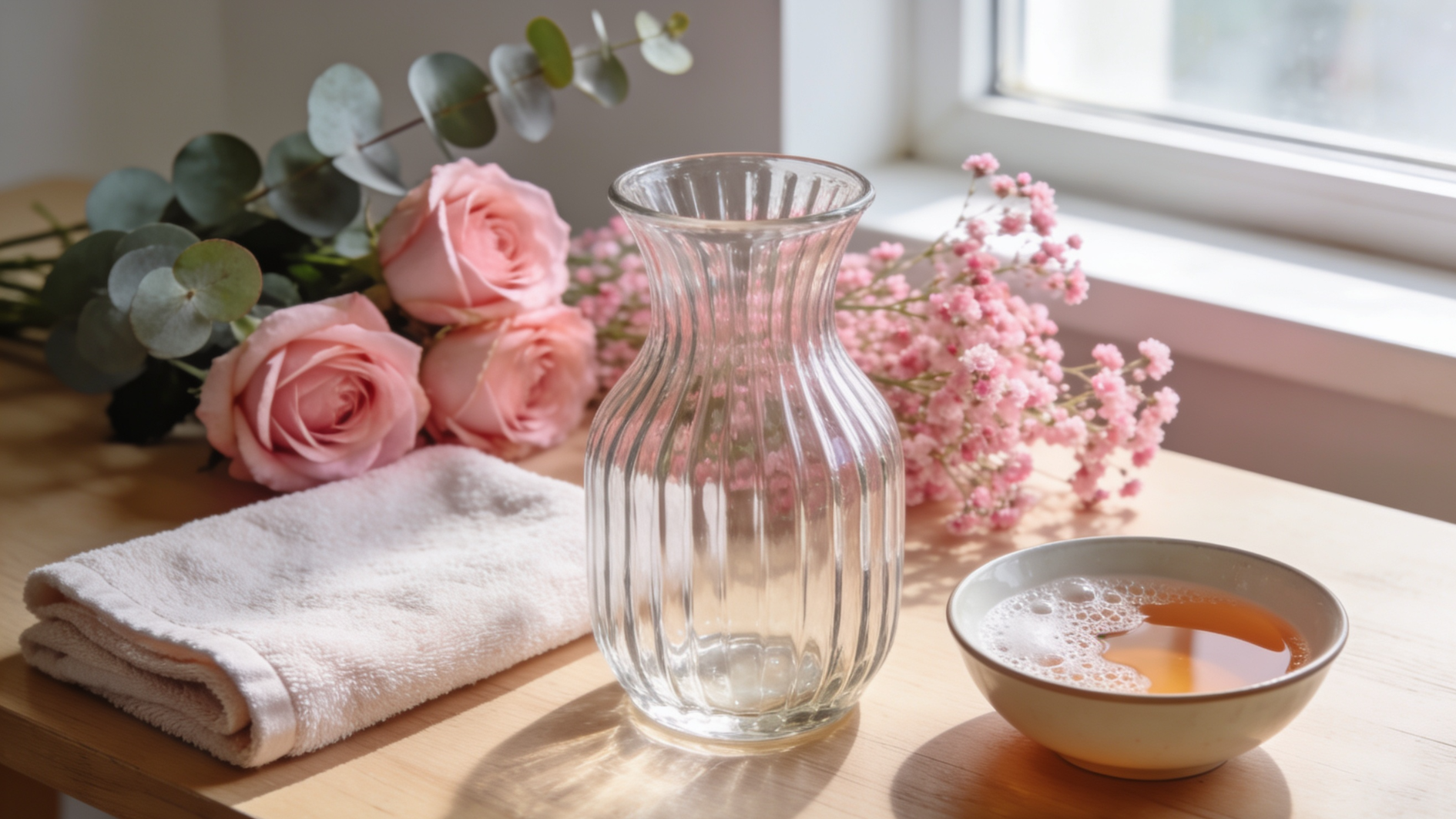 clear ribbed glass vase with roses, baby’s breath, towel, and bowl on a wooden table