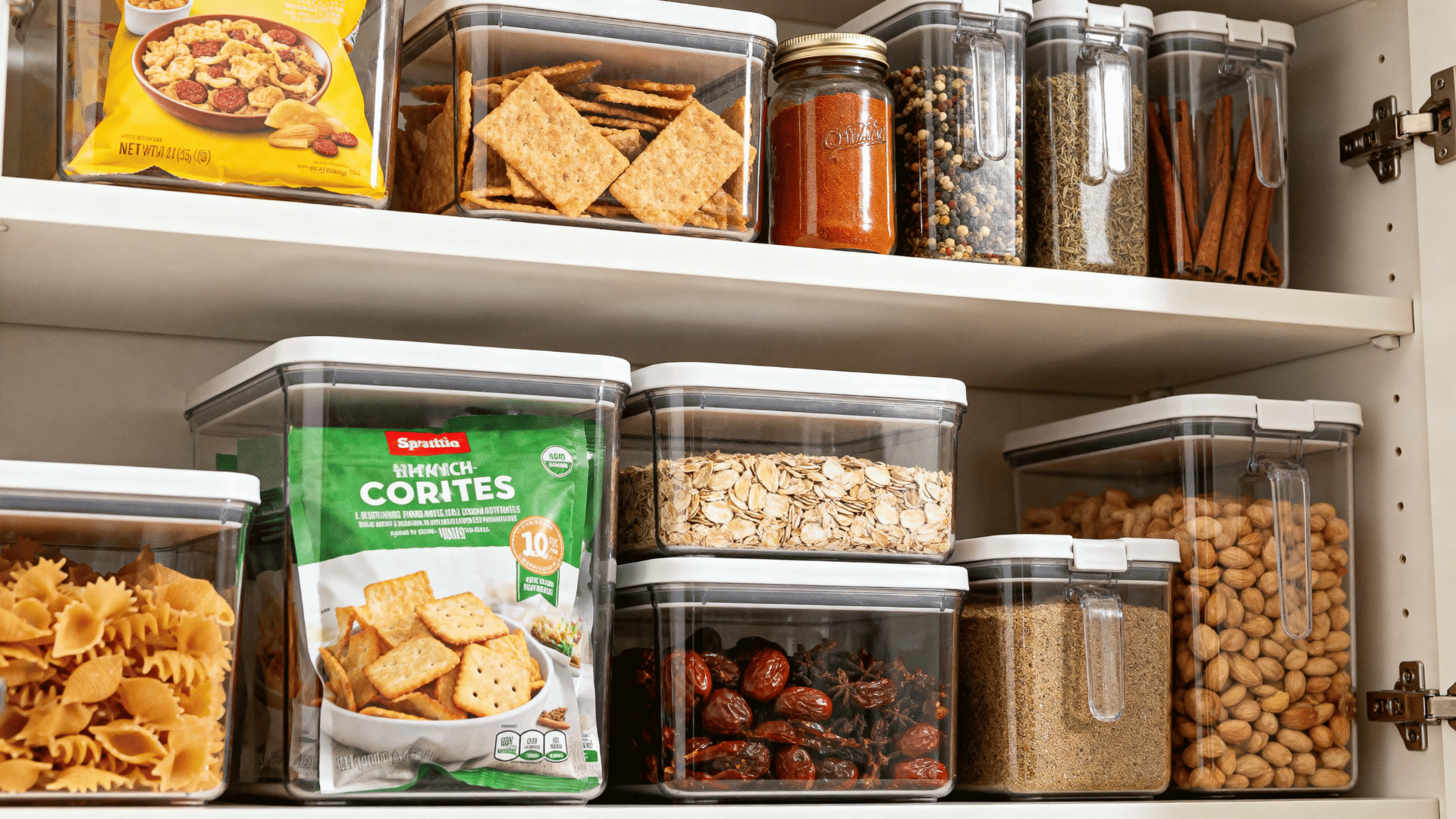 clear storage bins inside kitchen cabinets organizing snacks spices and supplies into separate visible categories