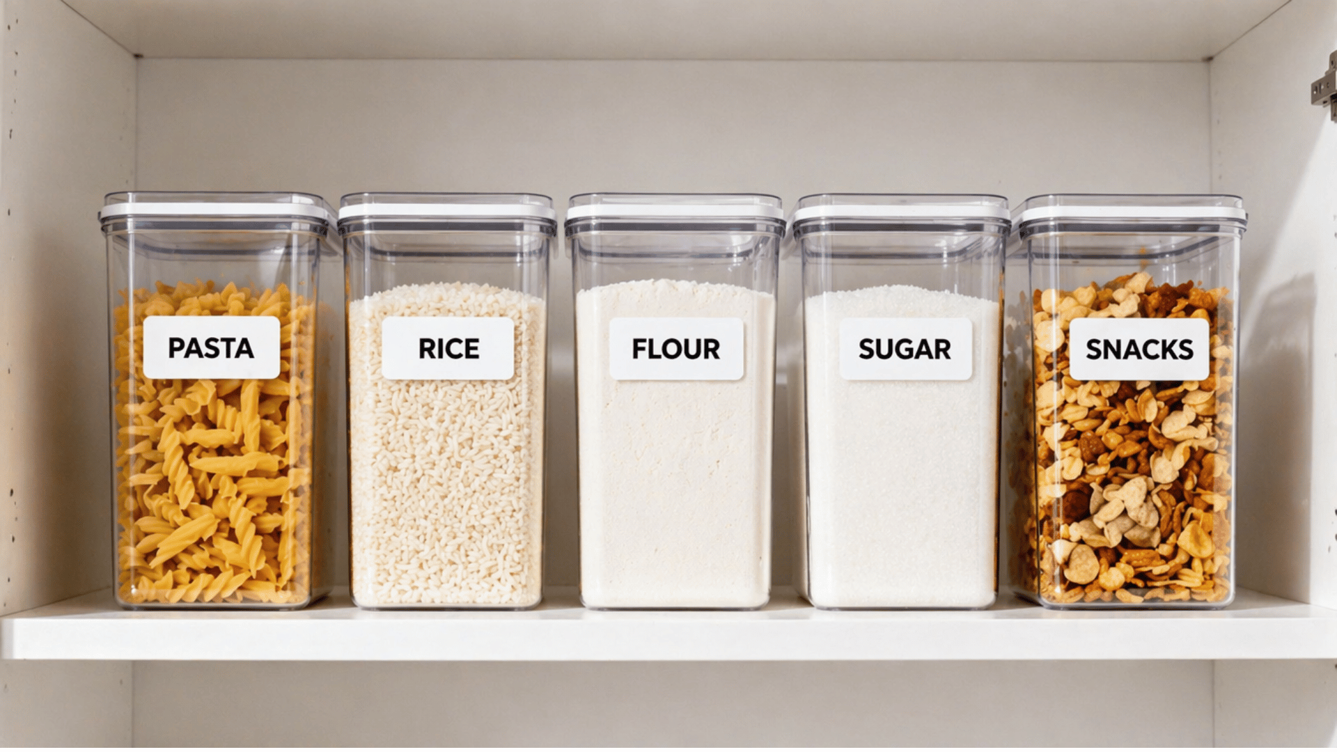 clear storage containers labeled pasta rice flour sugar and snacks arranged neatly inside kitchen cabinet shelves