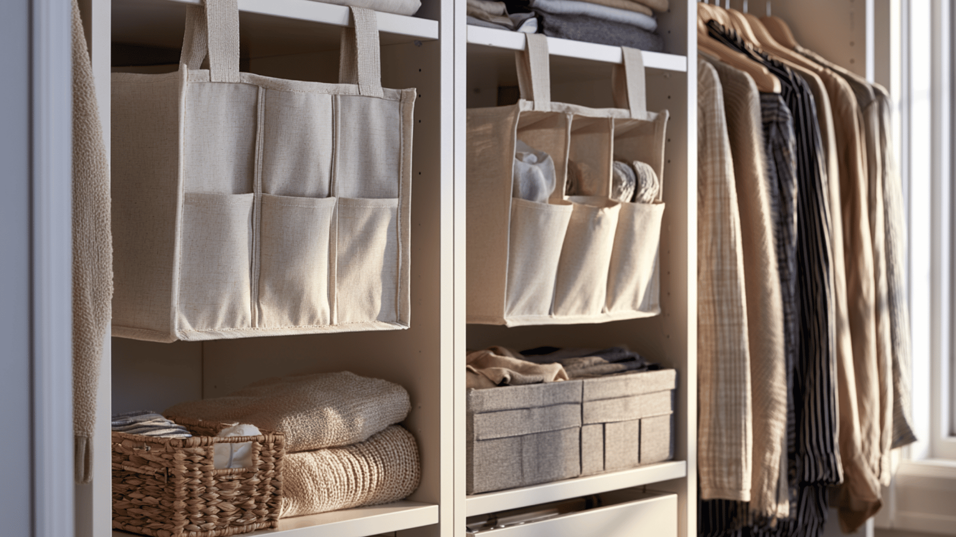 close-up of closet storage with hanging fabric organizers, folded clothes, and drawers