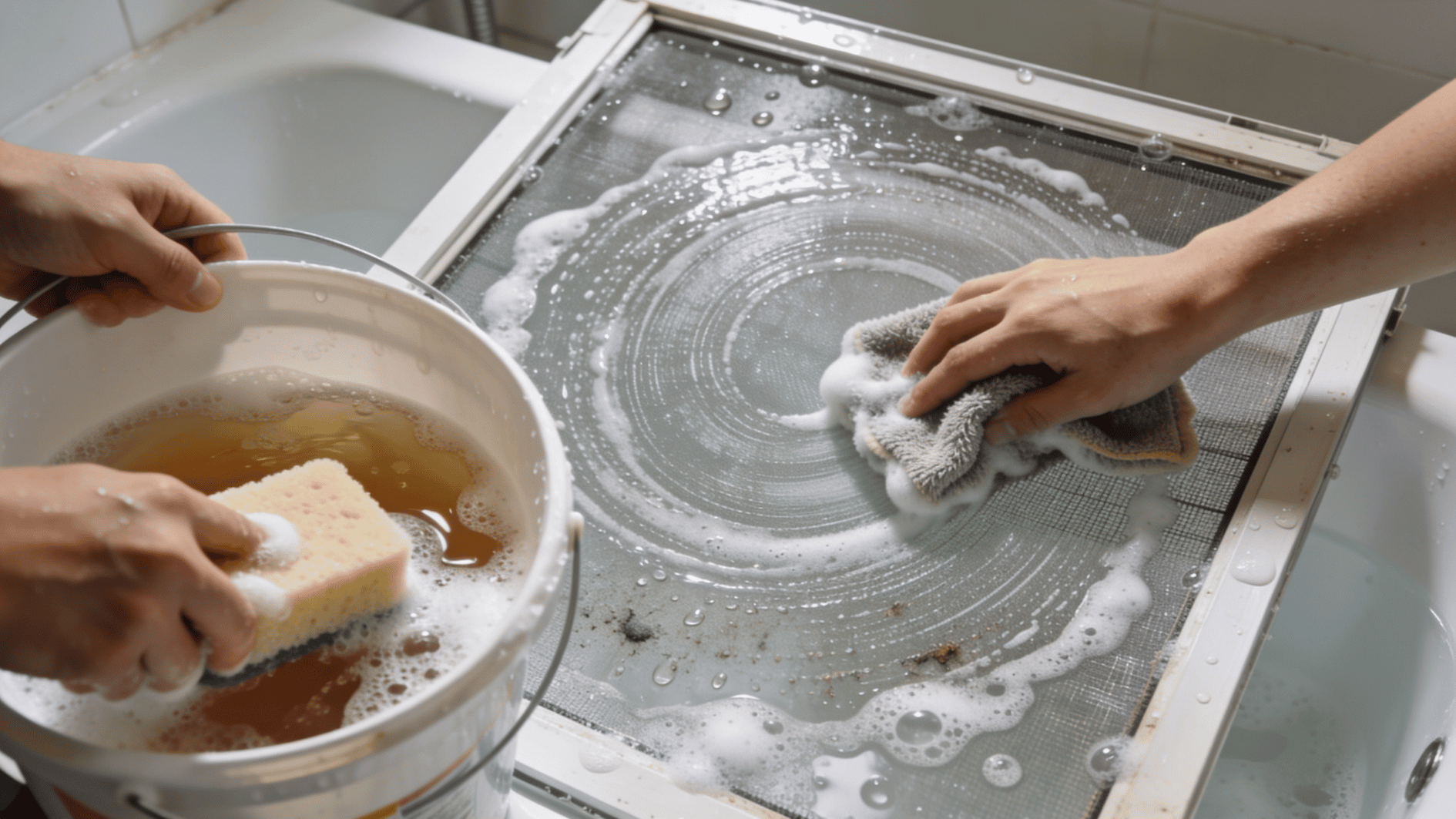 Close-up of hands cleaning a dirty window screen with soapy water, sponge, and microfiber cloth