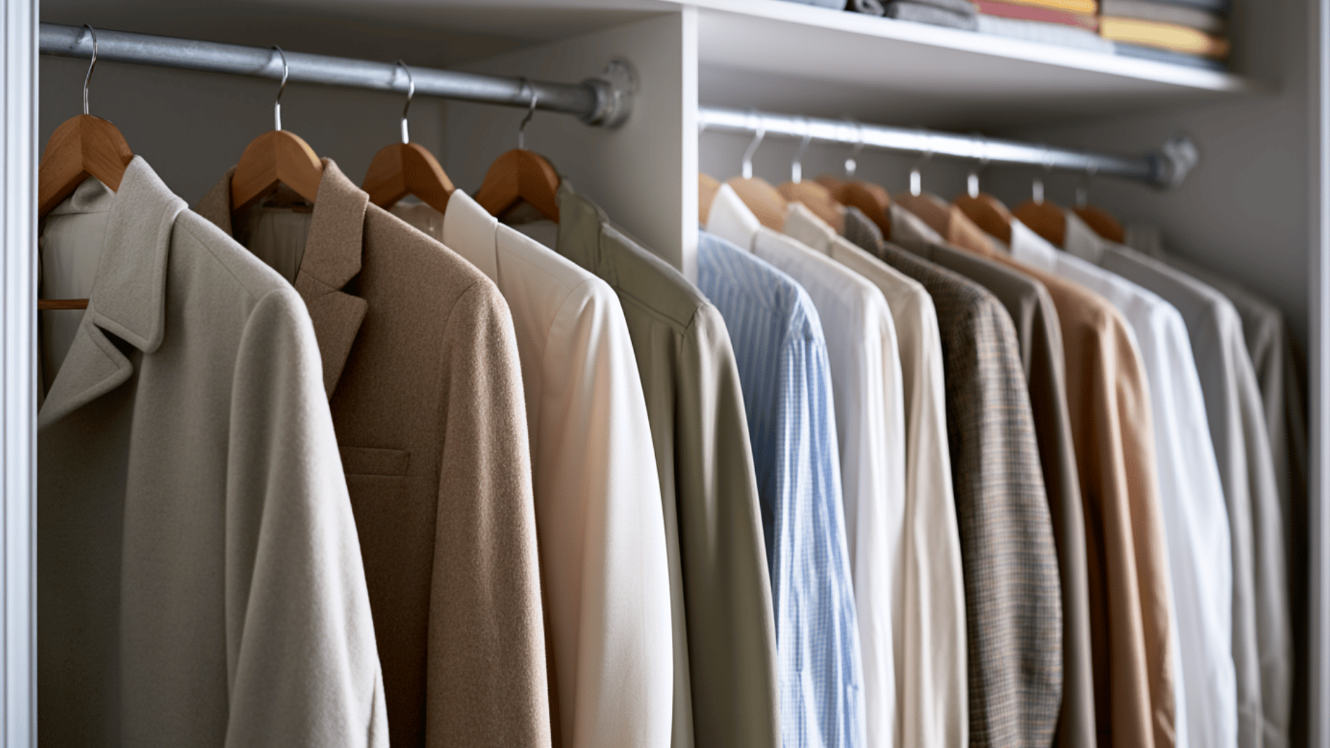 close-up of neatly hung coats and shirts on wooden hangers in a closet rack