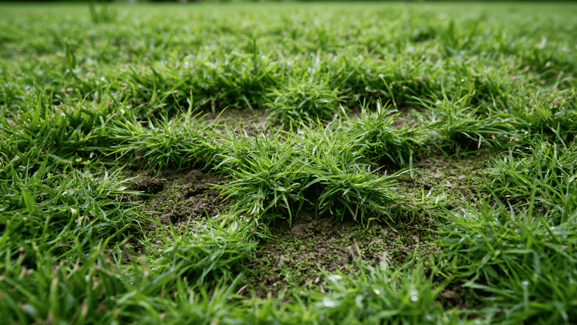 close-up of patchy lawn with tufts of green grass and exposed soil between clumps (2)