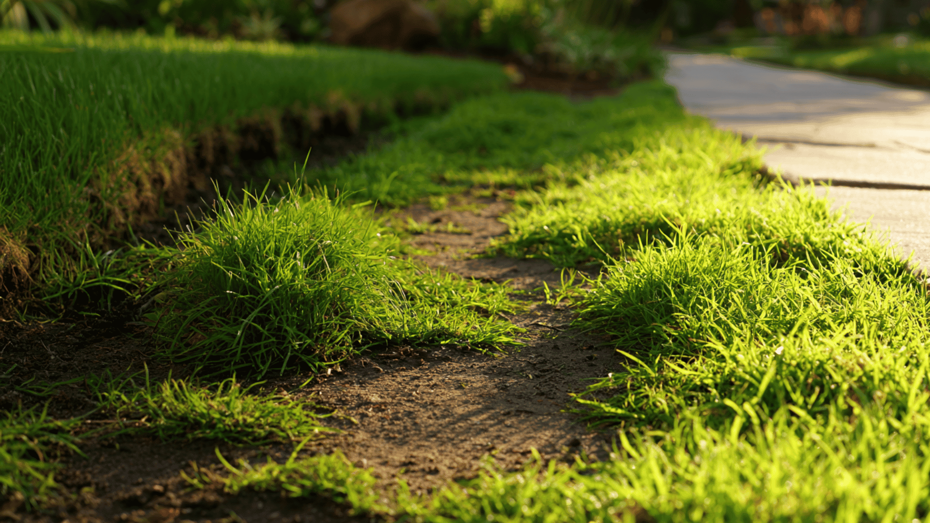 close-up of patchy lawn with tufts of green grass and exposed soil forming a worn dirt path (2)