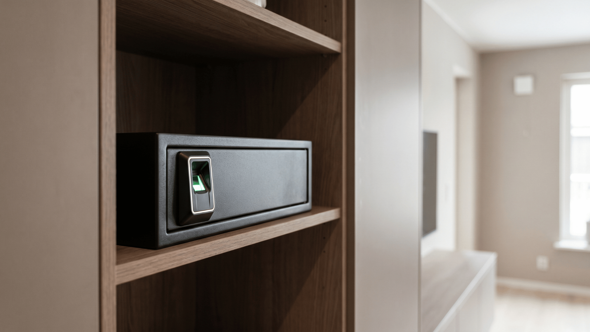 closed biometric gun safe with fingerprint scanner mounted on a shelf
