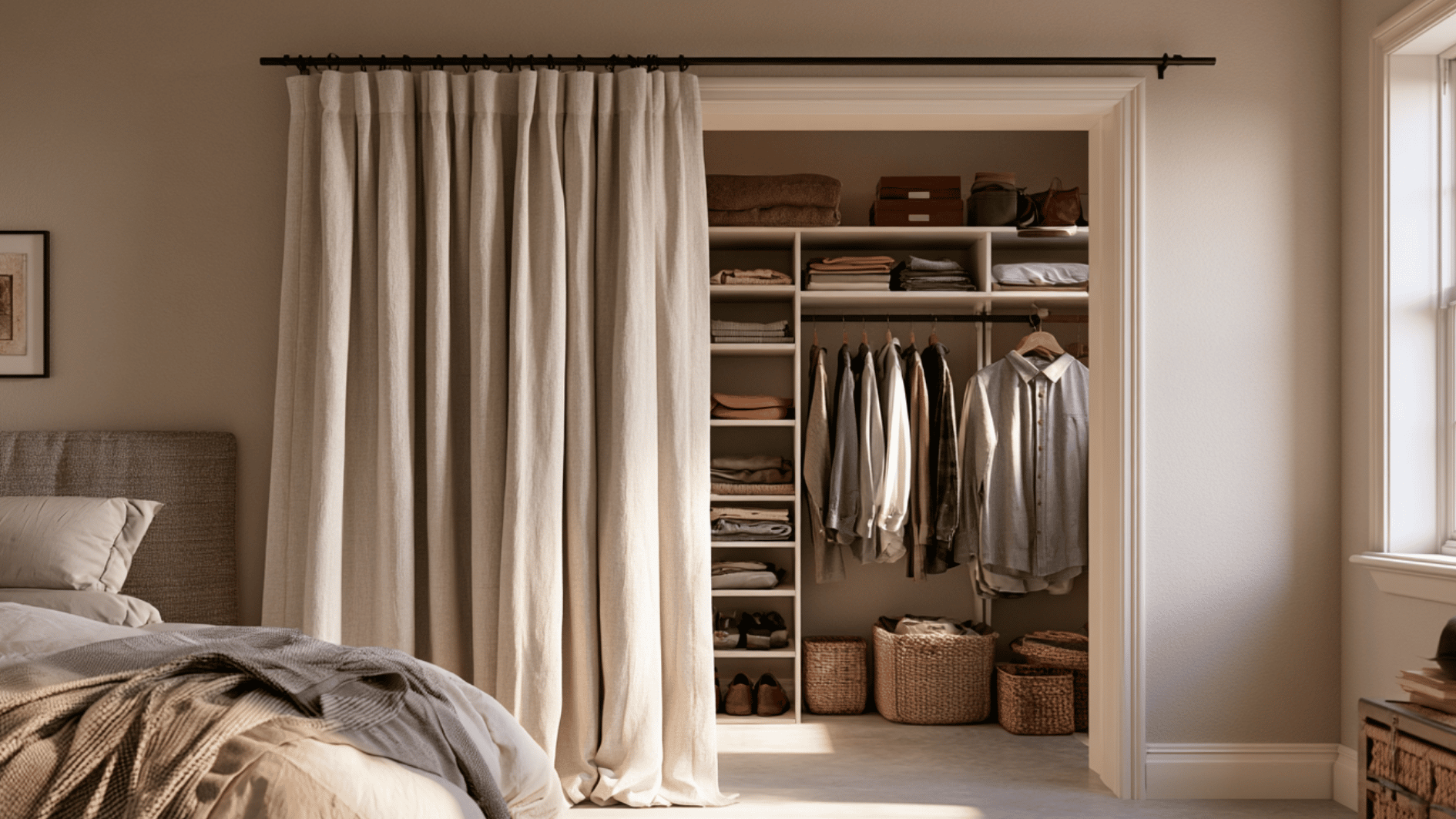 closet curtain cover hiding open wardrobe storage in a warm bedroom with soft natural light