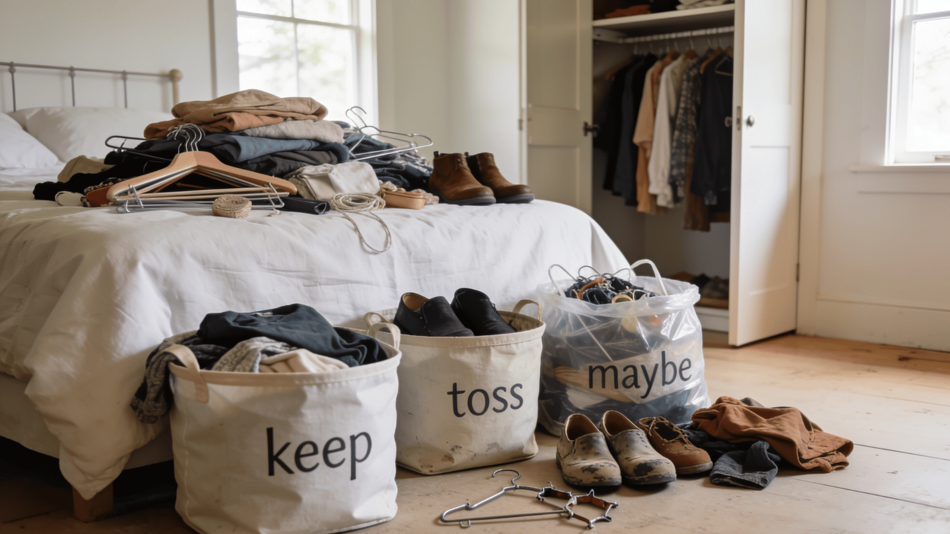 closet sorting scene with keep toss and maybe bins beside clothes shoes and hangers on a bed