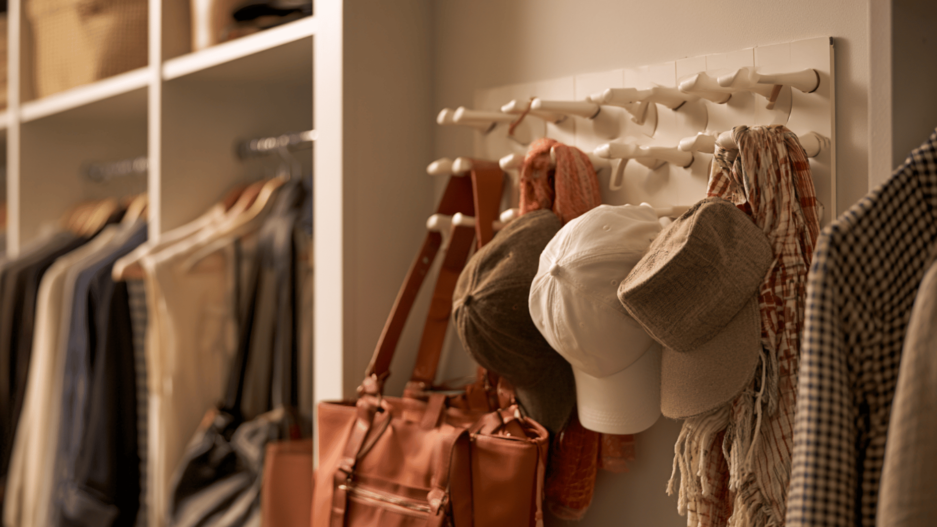 closet wall with hooks holding hats, caps, bags, and scarves in organized accessory storage