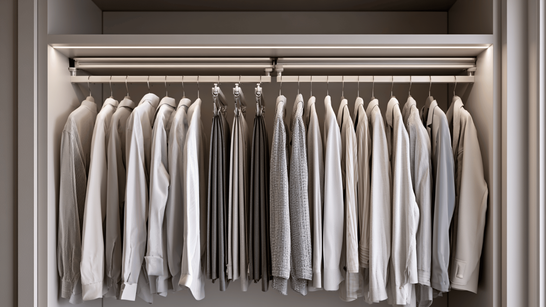 closet with neatly hung neutral-toned shirts on a rail under warm lighting