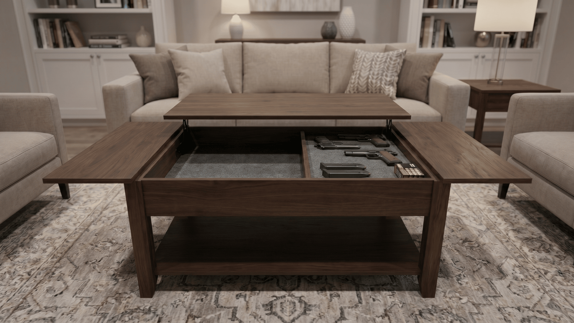coffee table with a hidden gun safe compartment open in a living room