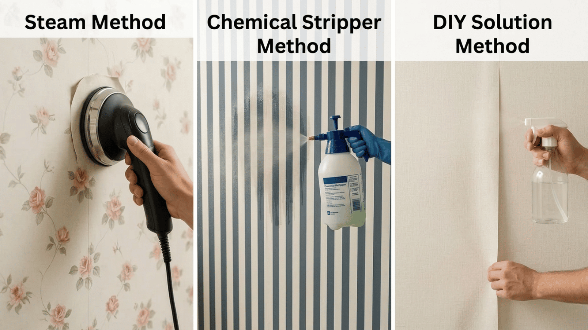 Comparison of wallpaper removal methods showing steam, chemical stripper, and DIY spray techniques used on different wall surfaces.