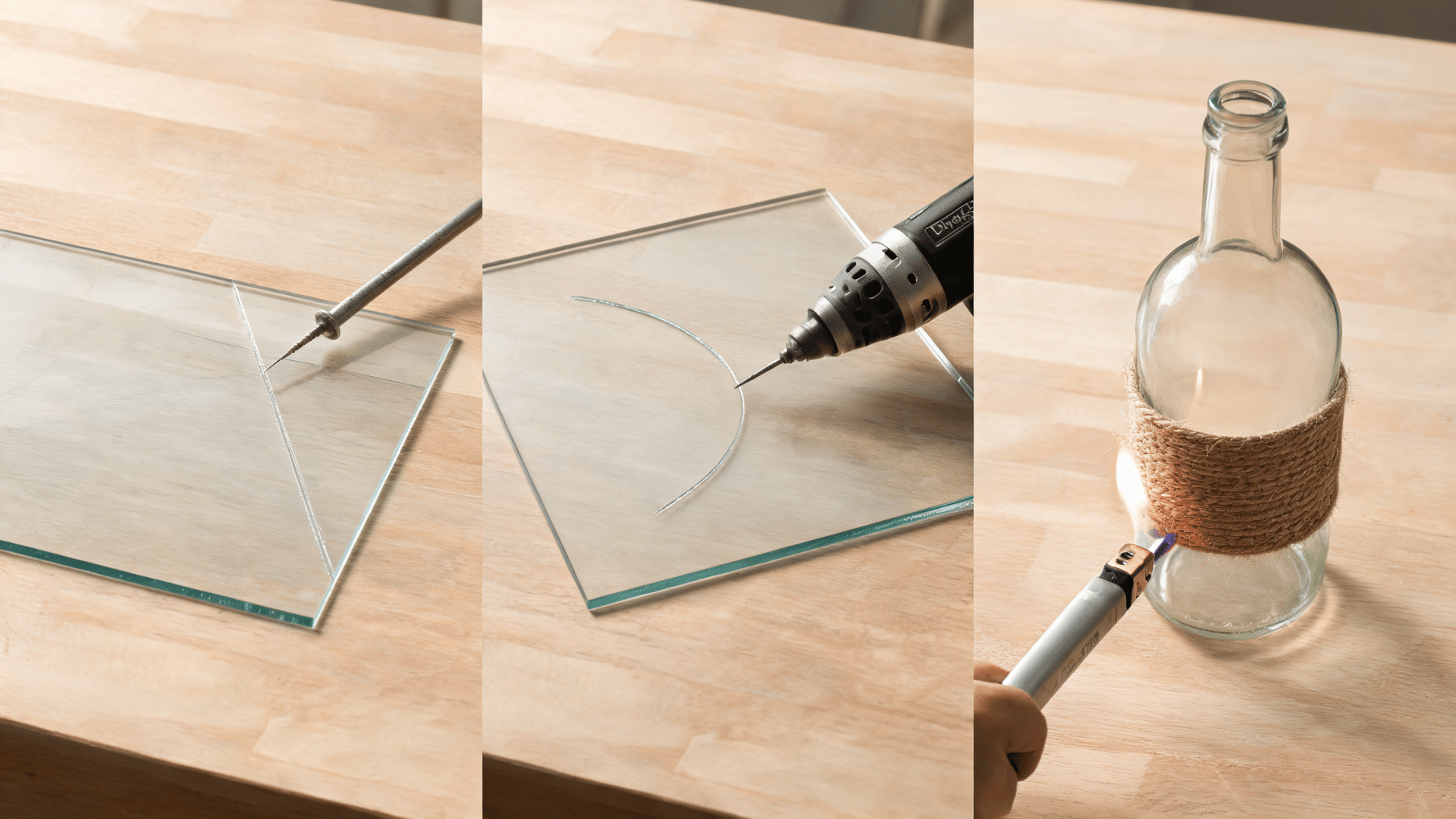 Alternative glass cutting methods showing a scribe, Dremel tool, and string-heated bottle technique on a wooden workbench.