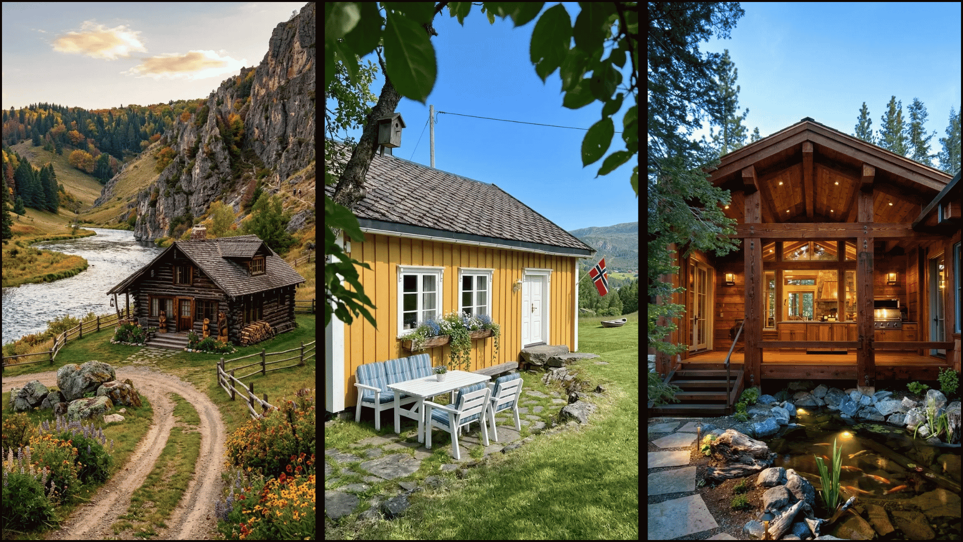 Comparison of three types of mountain homes: a rustic chalet, a small countryside cabin, and a larger lodge.