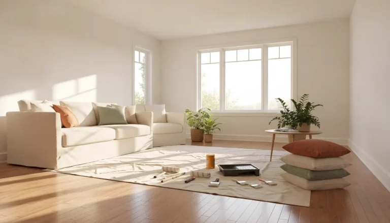 Cozy living room with beige sofa, large windows, paint supplies on floor in natural light