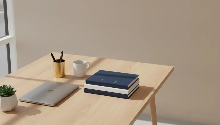 Laptop, books, and mug arranged on a wooden desk in bright, minimalist office setting