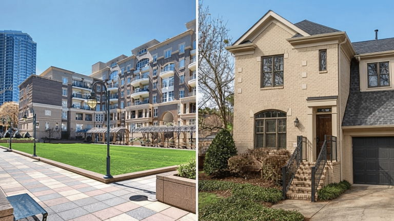Apartment complex and single-family brick house side-by-side split view under clear blue sky