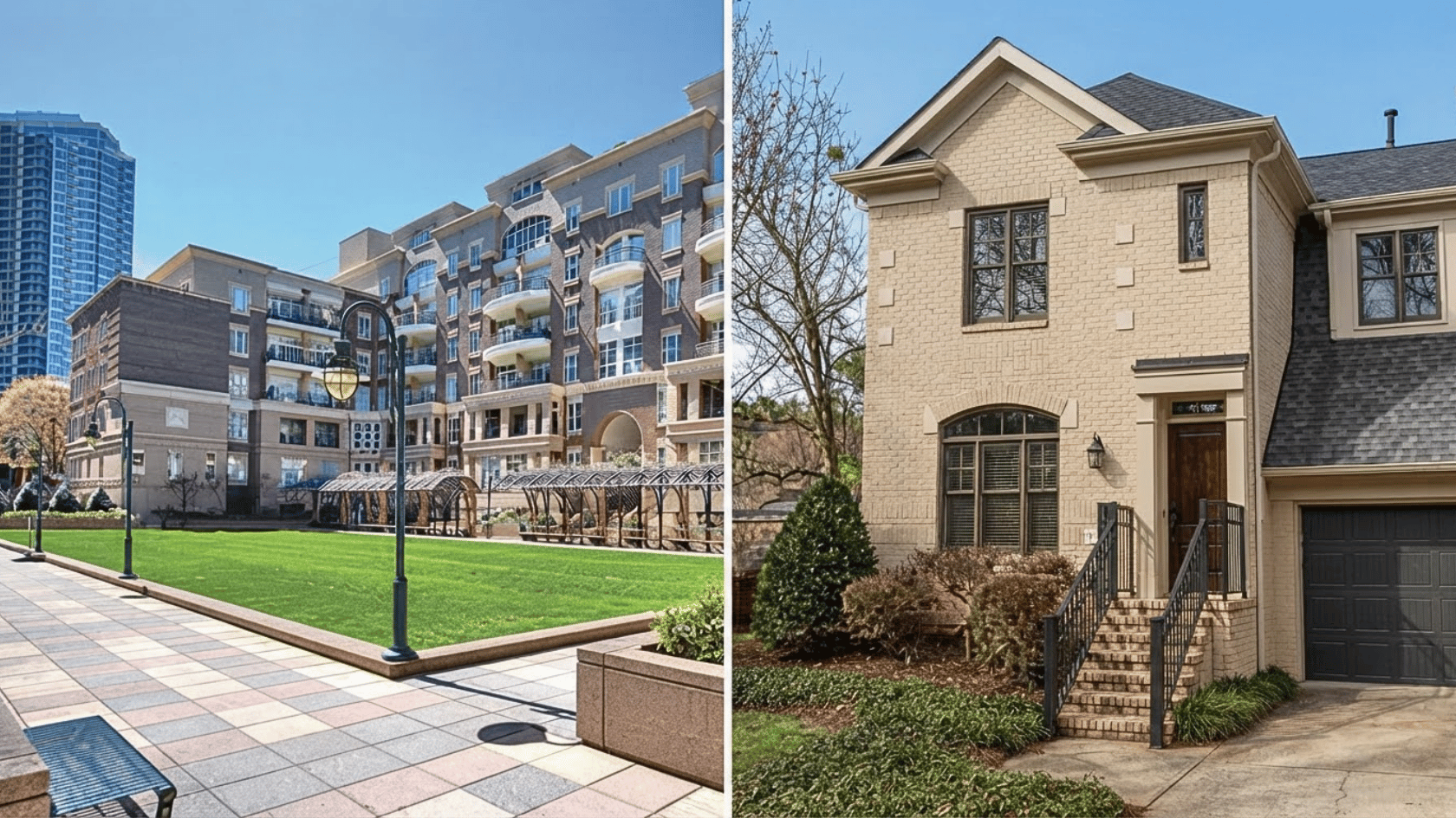 Apartment complex and single-family brick house side-by-side split view under clear blue sky