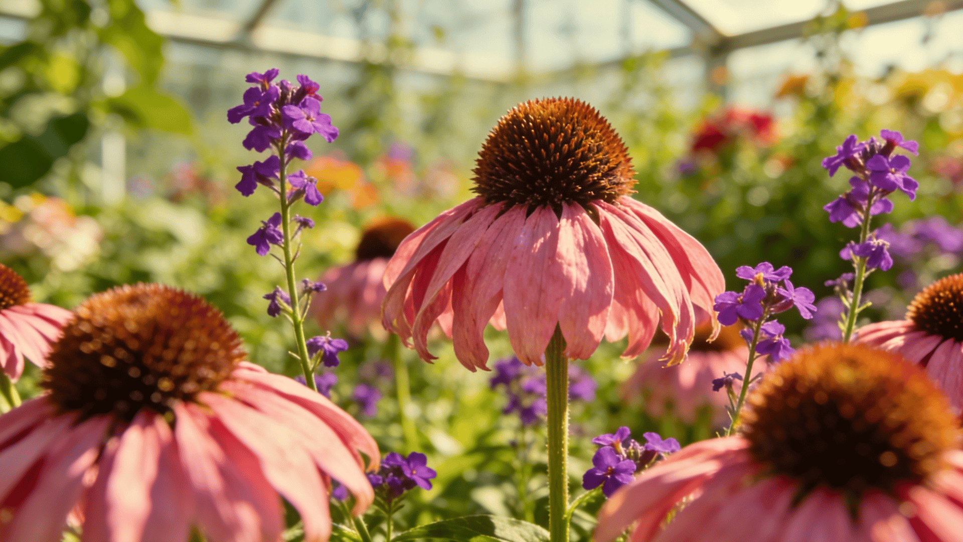 Lavender and coneflowers growing together in a sunny garden attracting bees and butterflies.
