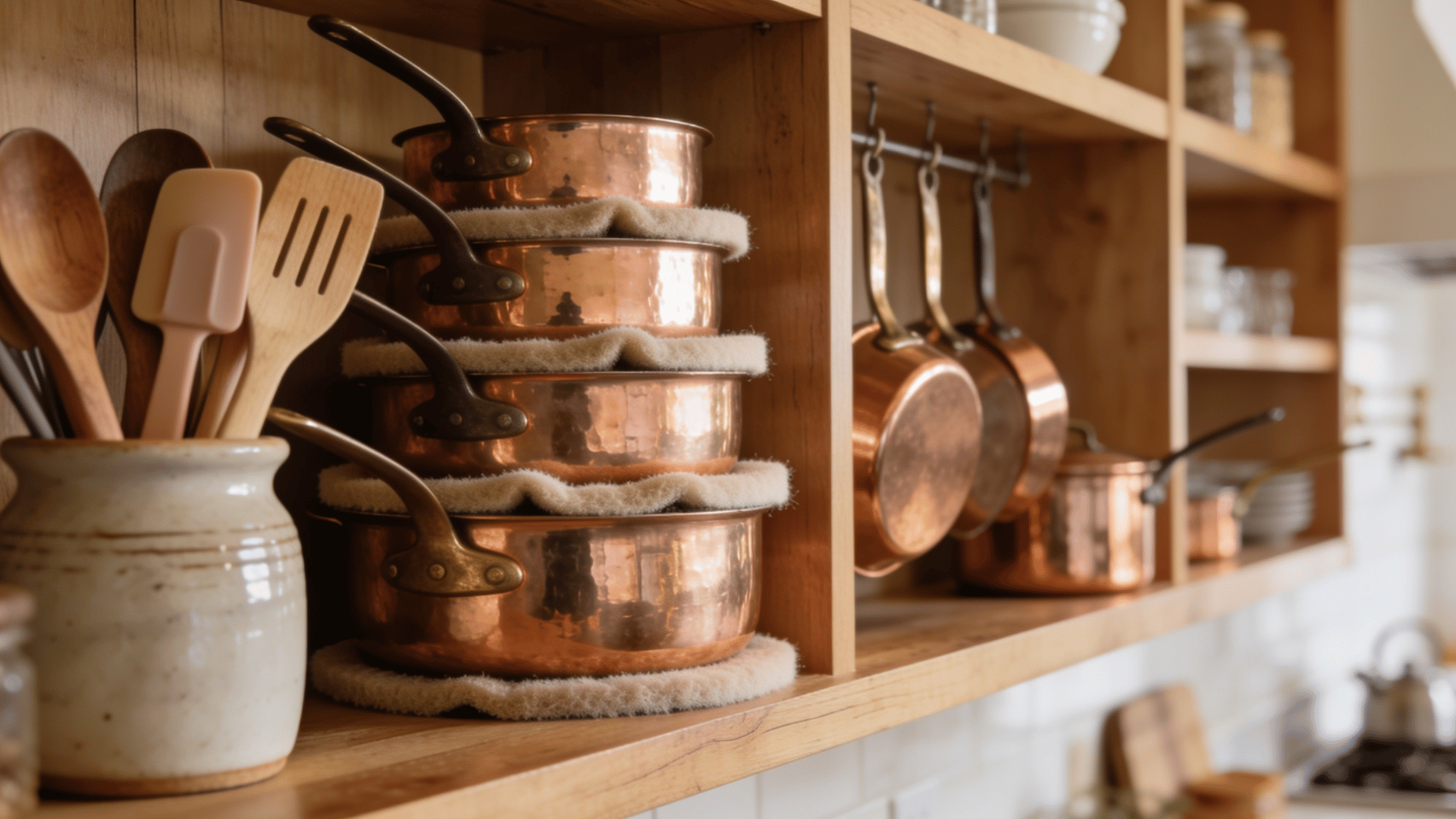 copper cookware neatly stored on wooden shelves with soft pan protectors between stacked pans and hanging copper pots