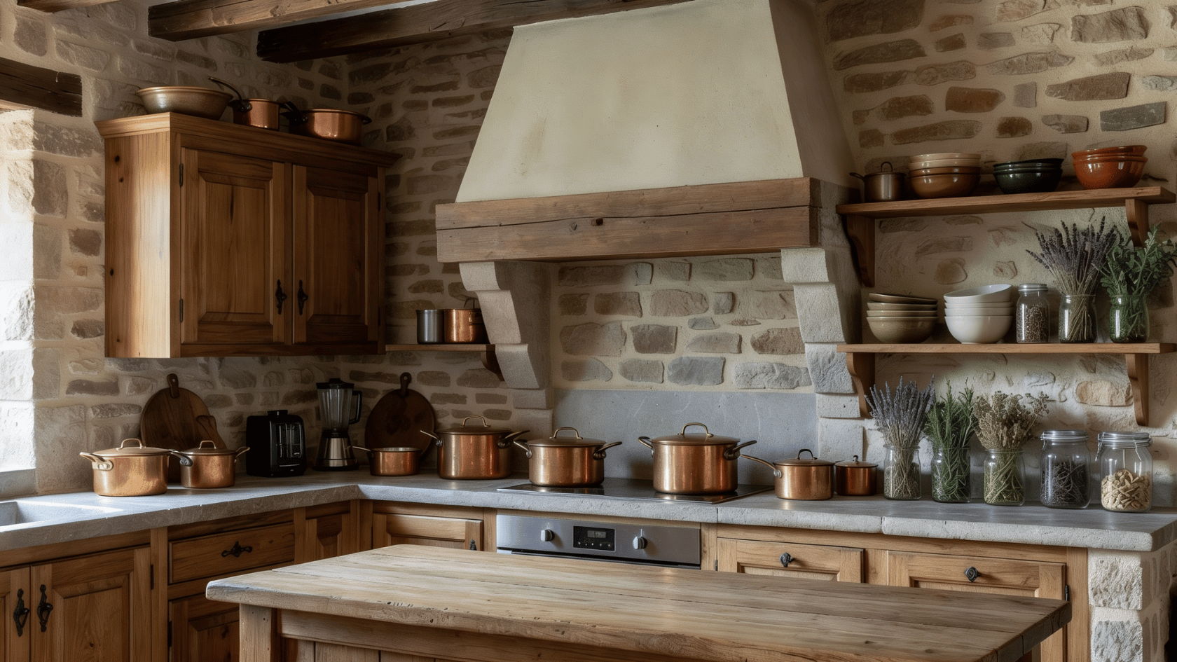 Copper pots in a <echighlighted><echighlighted>French country kitchen</echighlighted></echighlighted> with wood cabinets and stone counters