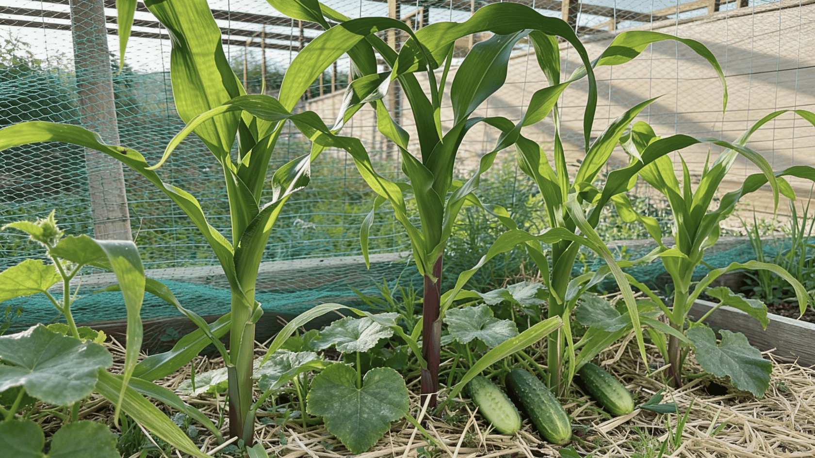 Corn stalks growing beside cucumber vines in a vegetable garden bed