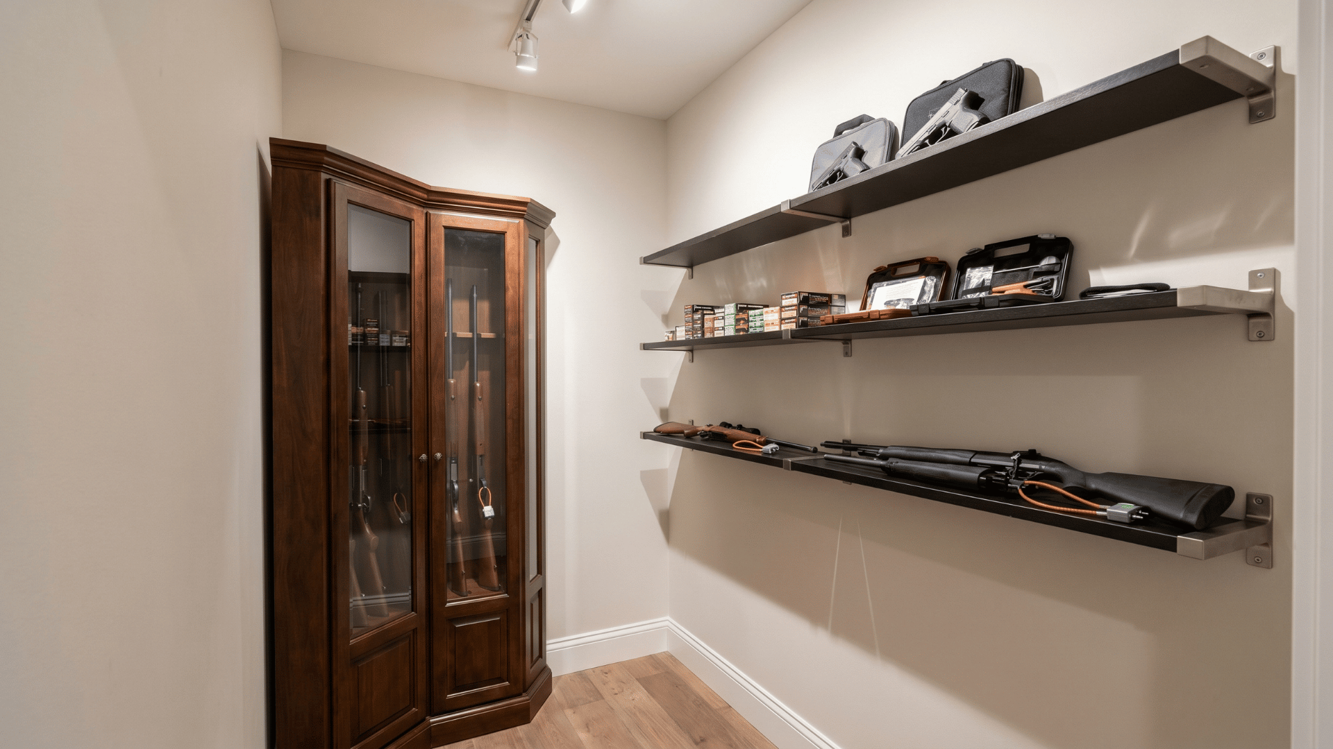 corner gun storage unit and floating shelves holding firearms in a small room