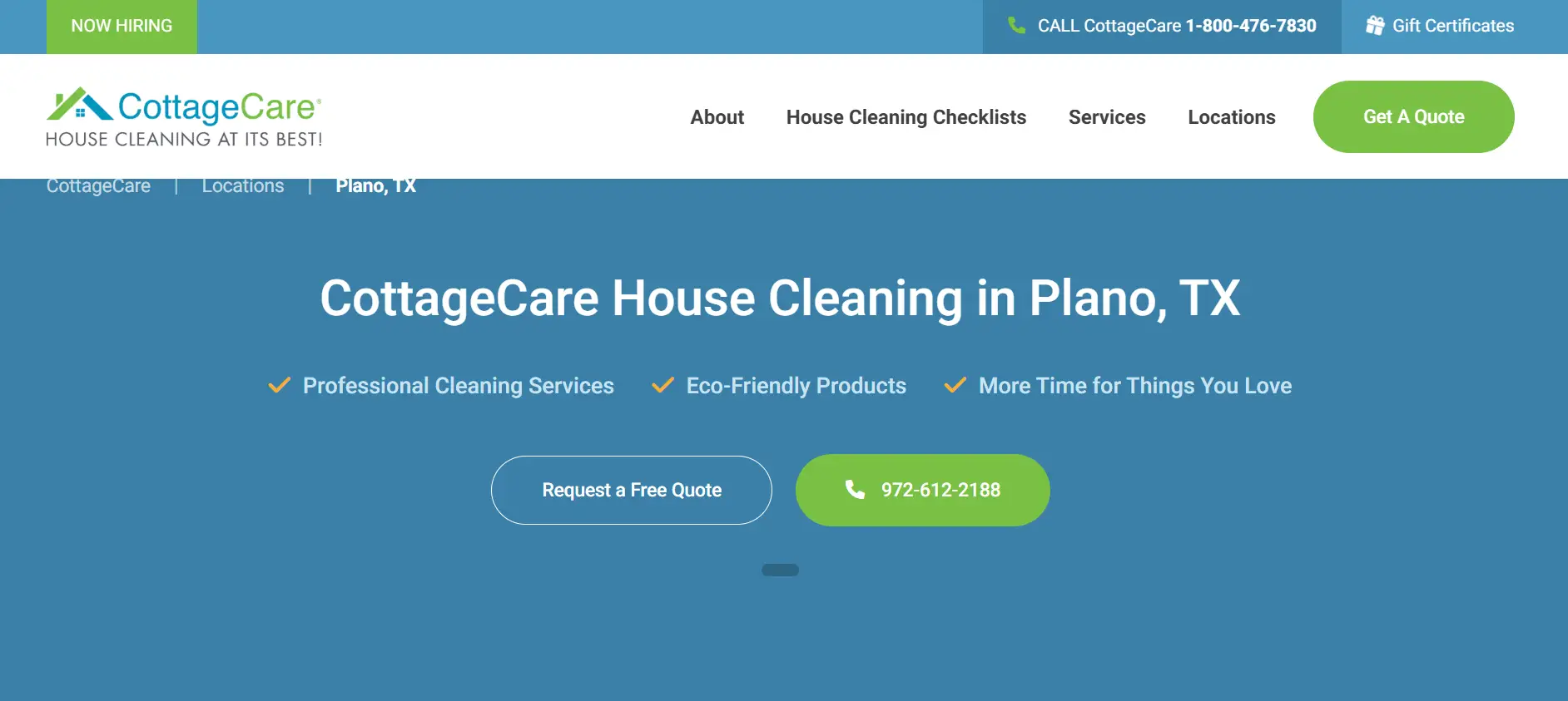 CottageCare house cleaning website homepage featuring service highlights and contact information.
