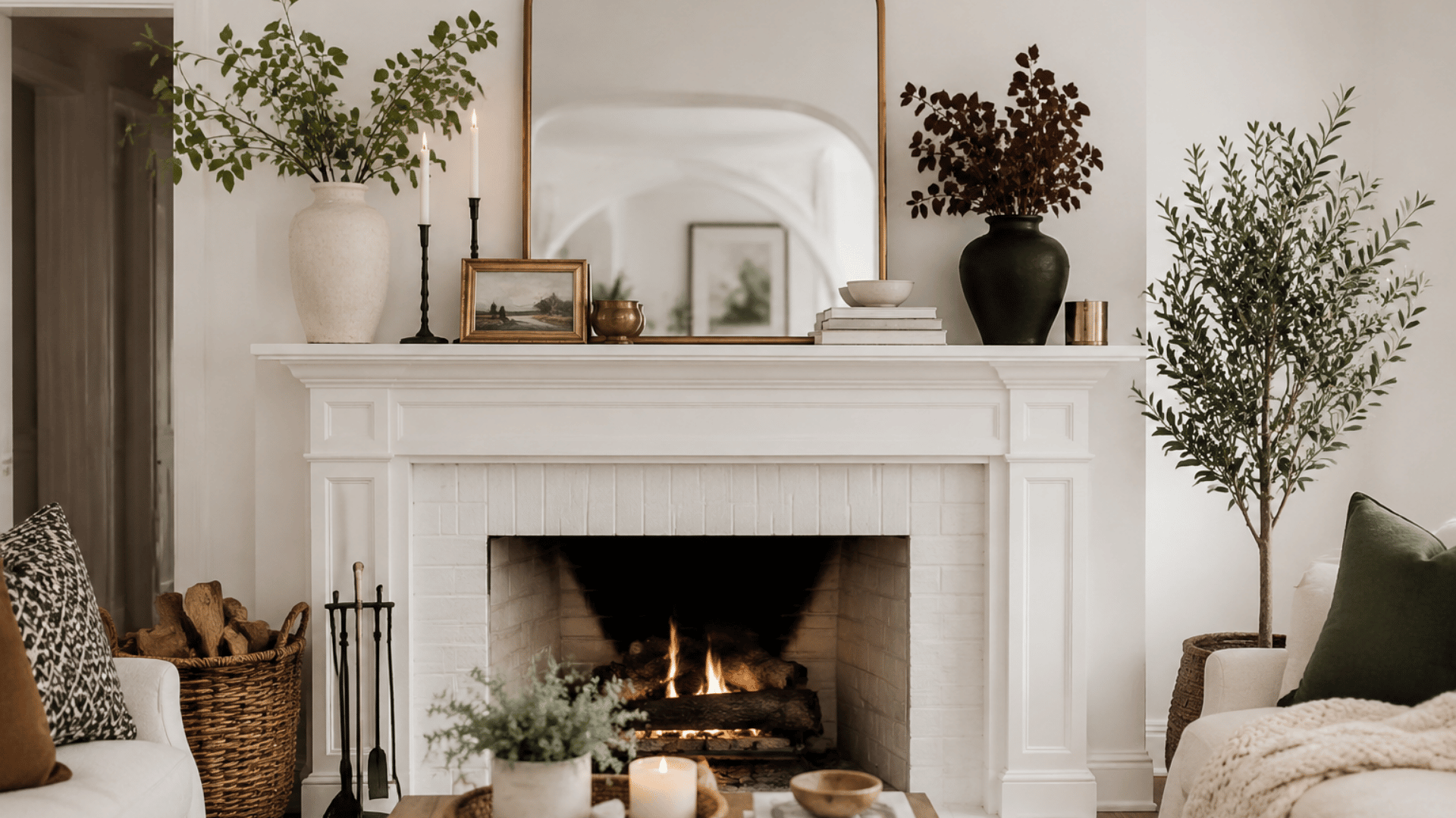 White fireplace mantel decorated with vases, candles, mirror, books, and plants in a living room.