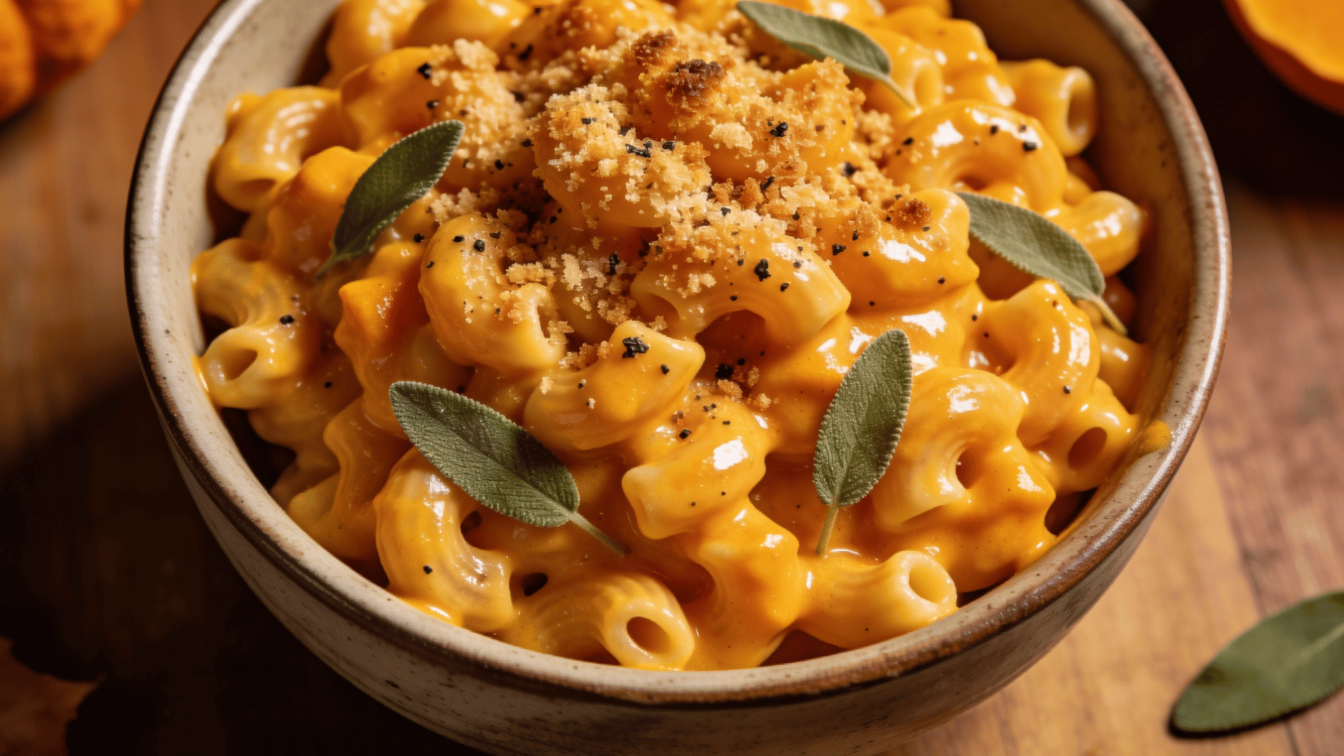 creamy butternut squash mac and cheese topped with crispy breadcrumbs and fresh sage in a rustic bowl on a wooden table