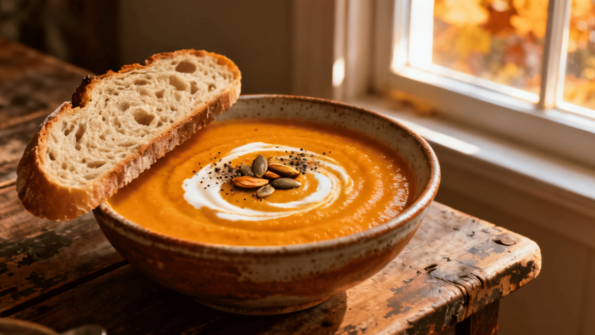 creamy butternut squash soup topped with cream and pumpkin seeds served with rustic bread by a sunny window